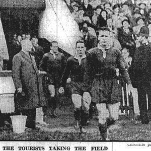 Jack Reardon leads out the Australians at Watersheddings - Nov 6th 1937.