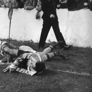 Dennis Ayres squeezes over Oldham v Barrow Sep 22nd 1956.