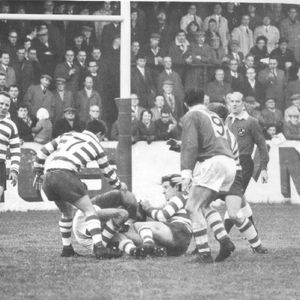A Barrow attack is halted by Donovan and Gaskell as Dyson watches - Nov 7th 1964.