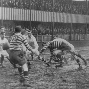 Bob Sloman loses the ball near the Batley line in front of the Hutchins stand watched by Ambrose Baker, Rod Marlor, …