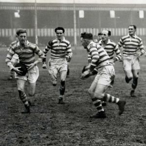 Ken Ward cuts through against Belle Vue with Joe Warham in support on the right wing - March 4th 1950.