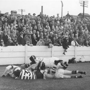 John Donovan is swamped by Blackpool defenders - Sep 13th 1965.