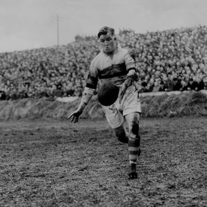 Ken Traill prepares to kick at a packed Watersheddings - Feb 4th 1950.