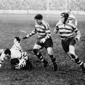 Les Anthony and Charlie Winslade move in on a Bradford opponent - Dec 29th 1951.