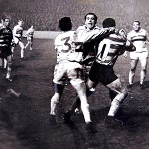 Oldham full back Brian Curry is well held - Feb 29th 1968.