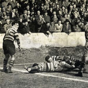 Joe Warham reaches out to score v Bramley - April 21st 1951.