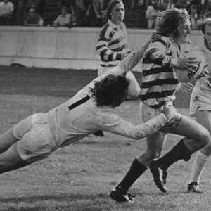 Tony Wainwright looks for a way through the Bramley defence with Bob Gaitley in support - Sep 8th 1973.