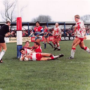 Logan Edwards scores near the posts at Carlisle - March 29th 1992.