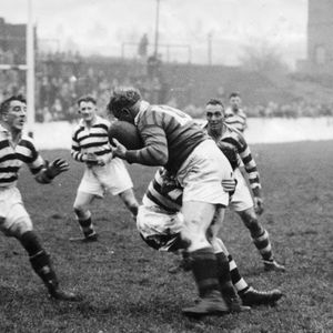 Action v Castleford with Edgar Brooks, Billy Moore and Doug Shaw closing on a Castleford player Nov 16th 1946.