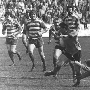 Action v Castleford featuring the Beardmore brothers and Oldham players from left: Les Chadwick, Dennis Boyd, Alan …