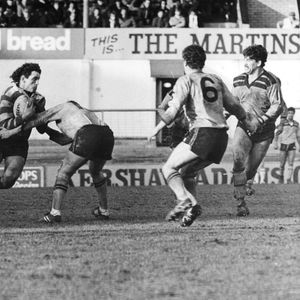 Andy Goodway takes on the Cas defence - Feb 17th 1985.