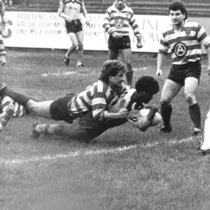 A try for James Sandy in Ian Sanderson's tackle - Oct 20th 1985.