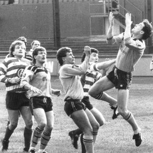 Ian Sanderson and David Topliss look on as Ray Ashton contests a high ball v Castleford - Oct 20th 1985.