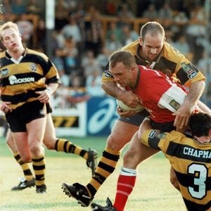 David Jones falls to a to man tackle at Wheldon Road - July 11th 1997.