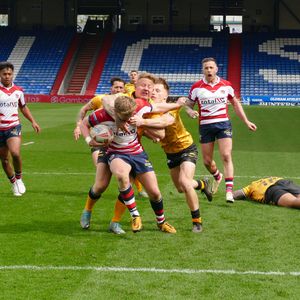 Cian Tyrer pushes towards the line. Oldham v Cornwall, April 14, 2024.