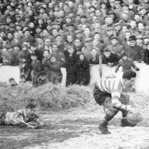 Alan Davies scores against Dewsbury in the Challenge Cup - Feb 11th 1956.