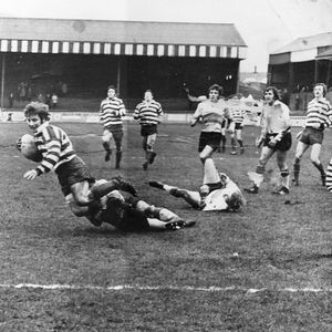 Kevin Taylor is brought down short of the Doncaster line - MArch 4th 1972.