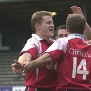 Jon Goddard and Lee Doran join the celebrations after Gareth Barber's try. v Doncaster - Sep 12th 2004.