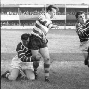 Ike Southward takes a pass from Brian Lord v Featherstone - Sep 20th 1960.