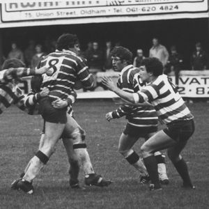 Des Foy moves in to tackle the Featherstone prop - Oct 28th 1984.