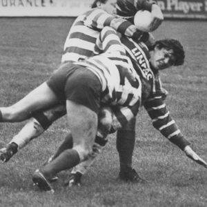 Chris Phelan and Mick Morgan bring down a Featherstone opponent - Oct 28th 1984.