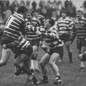 Paddy Kirwan moves in to assist in the tackle - Oct 28th 1984.