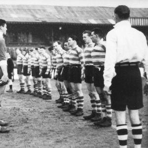 Oldham and Villeneuve line up for the anthems before the match - April 10th 1950.