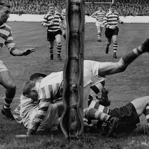 Vince Nestor tackled just short v Halifax - Aug 16th 1958.
