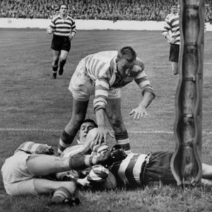 Vince Nestor comes to a halt just short v Halifax - Aug 16th 1958.