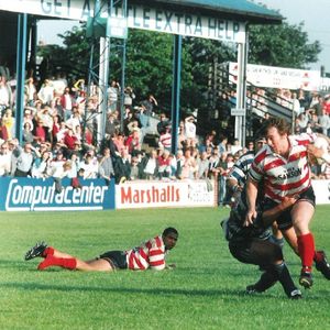 Francis Maloney takes on the Halifax defence - June 23rd 1996.