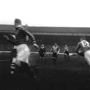 Billy Moore and Edgar Brookes advance on the Huddersfield left winger, Ray Markham, in the match at Watersheddings - Feb …