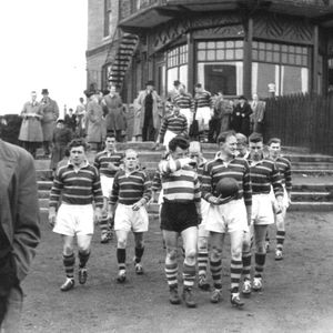 Oldham and Huddersfield on their way to the pitch before the Harry Ogden benefit match - May 16th 1953.