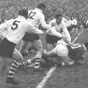 Solid defence from Charlie Bott with Trevor Simms, Geoff Robinson and Ken Wilson in support - April 20th 1964.