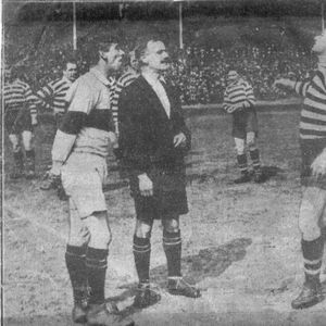 Herman Hilton and Laurie Osborne at the toss up at the 1925 Cup Final at Headingley with referee Mr. R. Jones of Widnes …