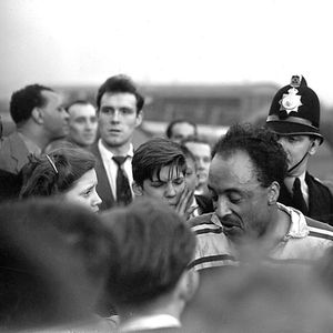 A police escort for Roy Francis after the match at Watersheddings - April 18th 1955.