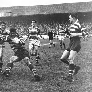 Jackson is tackled by Watts and Whiteley - April 16th 1958.