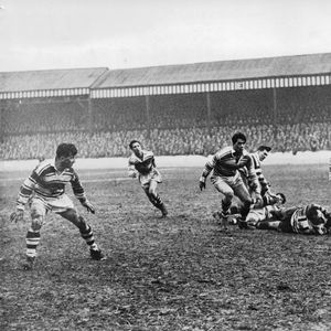 Ganley breaks through with Davies in support - April 16th 1958.