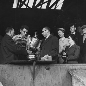 Bernard Ganley receives the Lancashire League cup after play off match v Hull - May 3rd 1958.