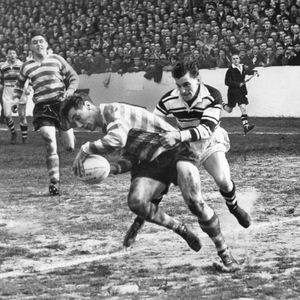 Roger Dufty touches down in Tom Finn's tackle - May 3rd 1958.