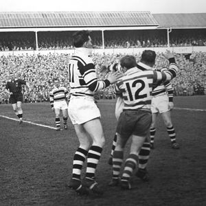 Des McKeown tackles one of the Hull forwards - April 9th 1960.