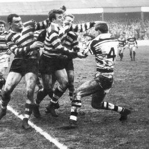 Robinson, Lord and Holden make a tackle on Hollindrake - Feb 10th 1958.