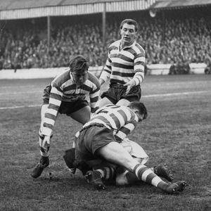 Ike Southward, Des McKeown and Roger Dufty bring down a Hunslet player - April 14th 1959.