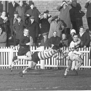 Colin Smith brings off a superb cover tackle on Tommy Thompson in the Challenge Cup-tie at Hunslet - Feb 3rd 1968.