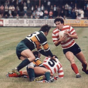 Des Foy takes a pass from the grounded Jimmy Hornby v Hunslet - Sep 2nd 1984.