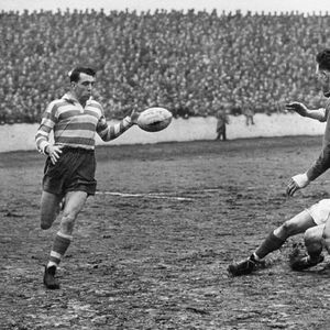 John Etty releases a pass to Dick Cracknell v Keighley - April 11th 1955.