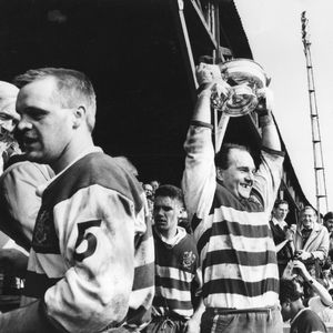 Terry Flanagan lifts the 2nd division trophy after the match against Keighley - April 24th 1988.