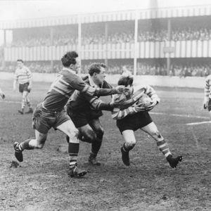 Stout Leeds defence puts an end to an Oldham attack - April 23rd 1955.
