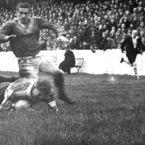 Geoff Kelly is hauled down near the Leeds line - Nov 22nd 1958.