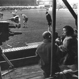 British actress Diana Rigg being interviewed at Headingley while Leeds play Oldham - Dec 11th 1965.