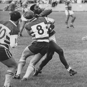 Leo Casey stops Roy Powell. Oldham v Leeds - Sep 4th 1988.